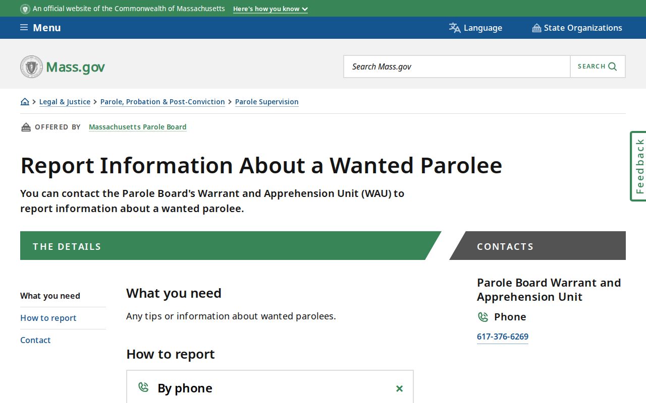 Franklin County parole release warrant tip route